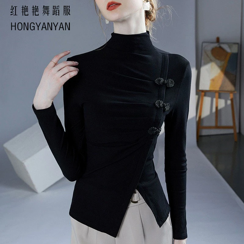 秋冬舞蹈服女练功服盘扣古典舞上衣打底衫显瘦长袖黑色舞蹈服秋冬