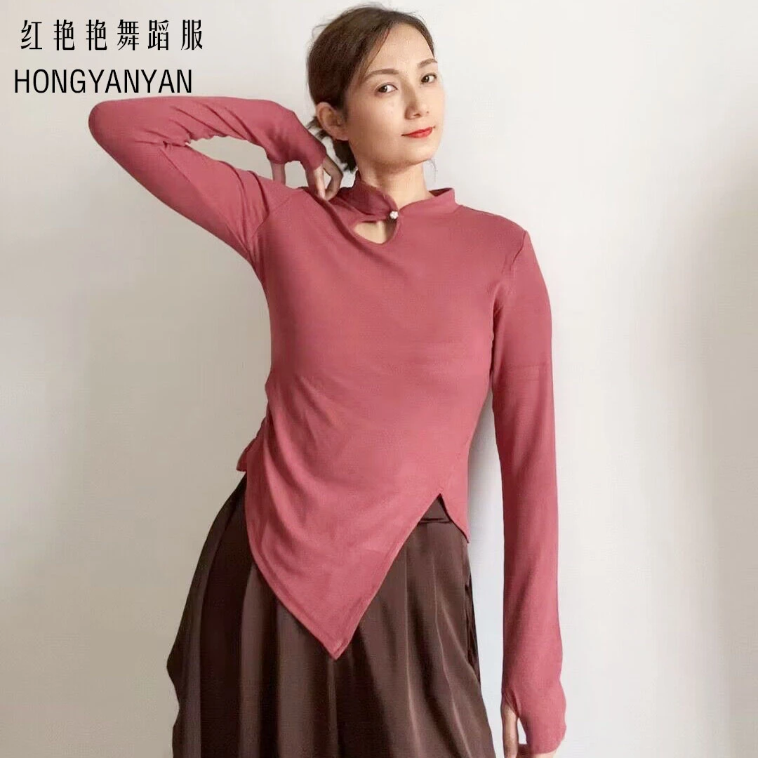 古典舞旗袍上衣国风现代舞舞蹈服显瘦长袖修身复古舞蹈服弹力气质