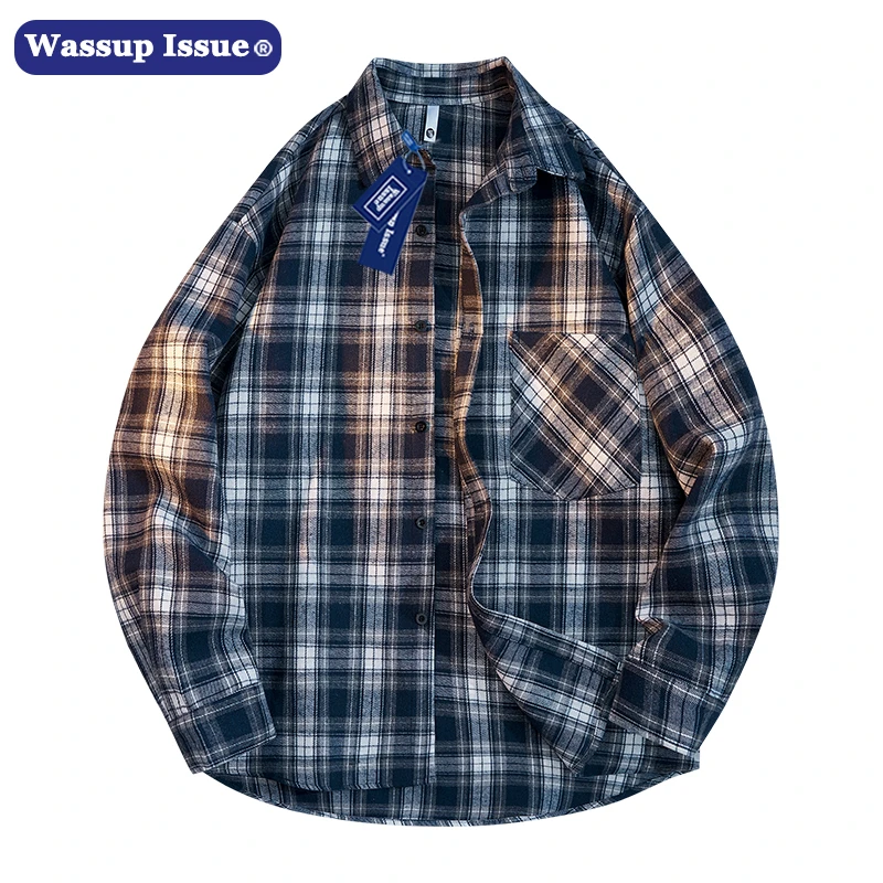 WASSUP ISSUE春秋格子长袖衬衫男款翻领复古情侣外套衬衣潮牌上衣