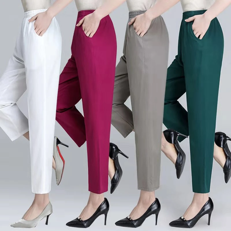中老年女裤休闲夏季妈妈裤九分裤薄款宽松直筒大码高腰松紧女裤