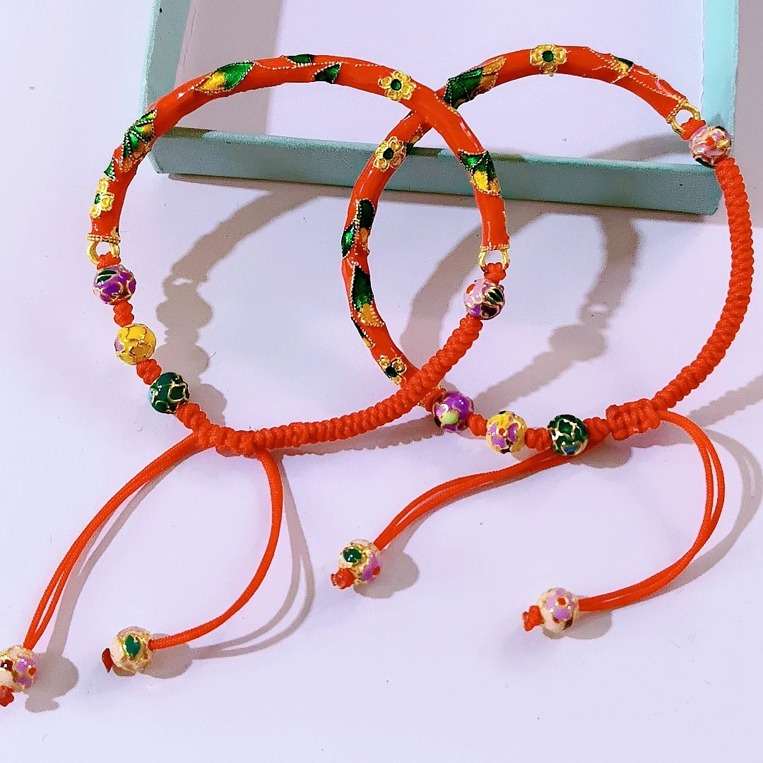 铜合金珐琅手链 本命年古法掐丝景泰半镯手编红绳手链珐琅彩烧蓝