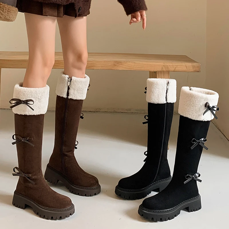 厚底长筒靴女冬季加绒棕色雪地靴子显瘦蝴蝶结小个子复古加绒长靴