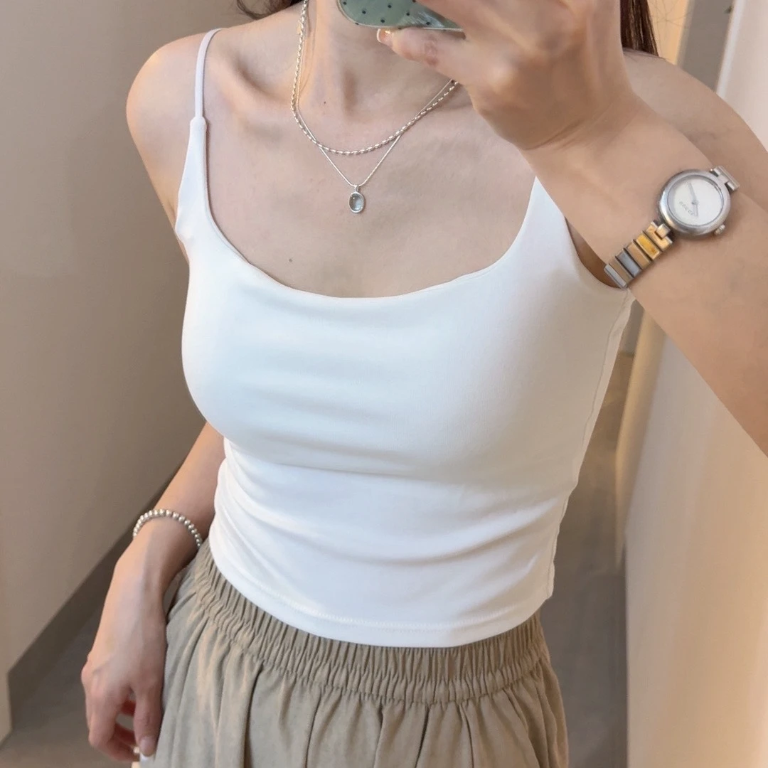 辣妹新款纯色简约吊带背心修身显瘦女春夏季自带胸垫外穿打底上衣