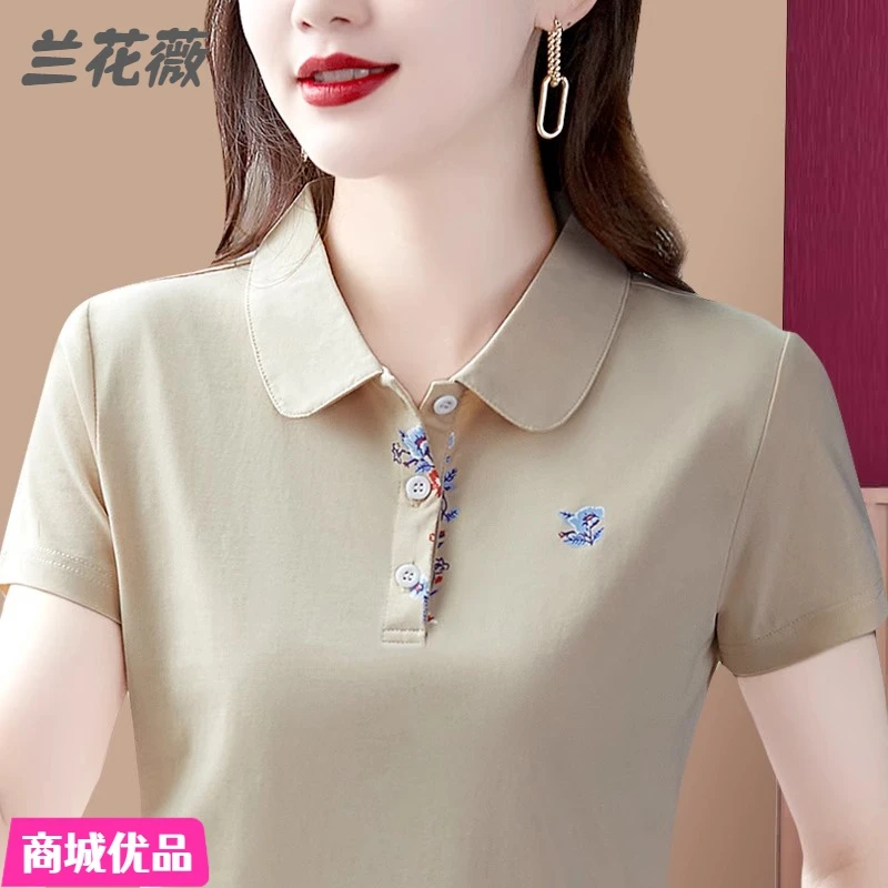 翻领纯棉t恤女短袖2024年新款带领妈妈宽松夏时尚上衣运动polo衫T