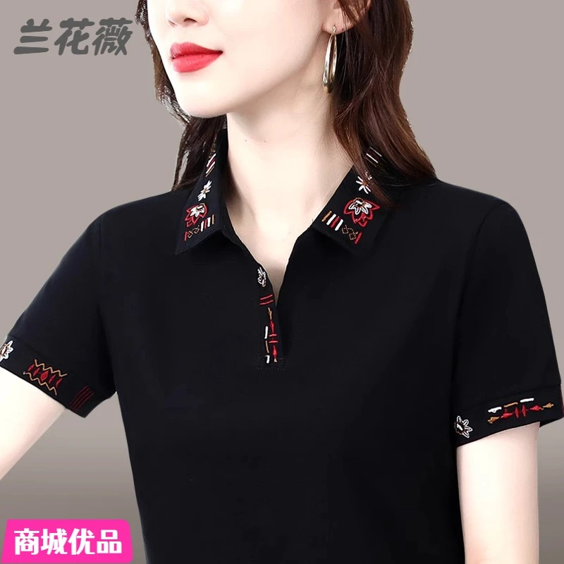 纯棉短袖t恤女夏季2024年新款绣花休闲上衣百搭翻领运动POLO衫T桖