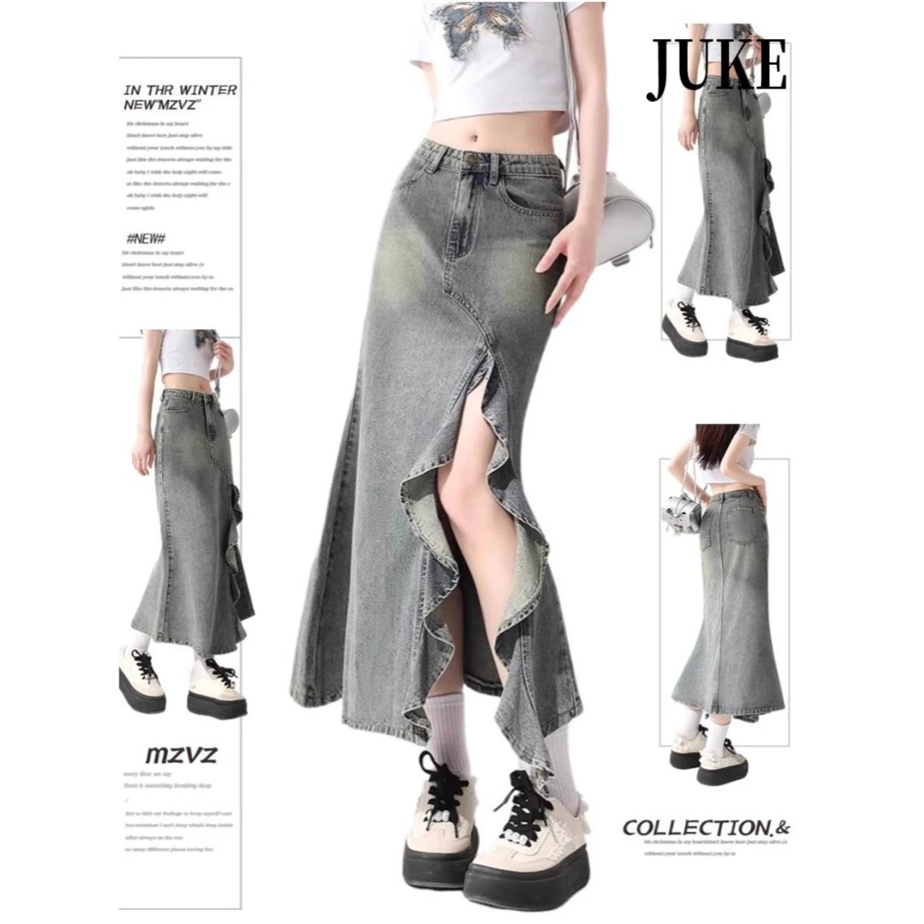 美式复古不规则牛仔半身裙女夏季新款高腰显瘦波浪开叉鱼尾A字裙