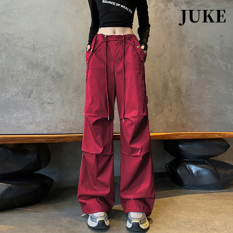 安可拉红工装裤女2024秋季新款洗水棉束脚阔腿两穿休闲运动裤