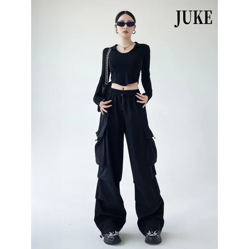 秋季新款美式复古工装裤女高腰阔腿裤休闲宽松显瘦显瘦运动裤长裤