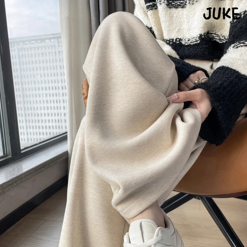 2024秋冬新款加绒人字纹毛呢阔腿裤拖地裤高腰休闲裤女