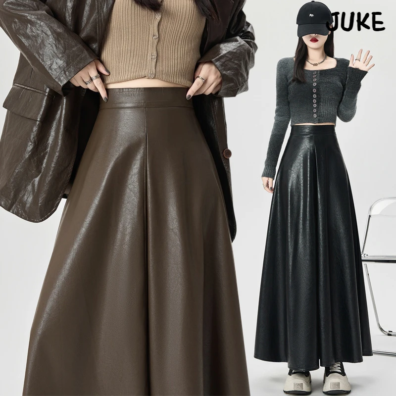 皮裙半身裙女2024秋冬新款百褶中长款伞裙高腰a字大摆裙长裙