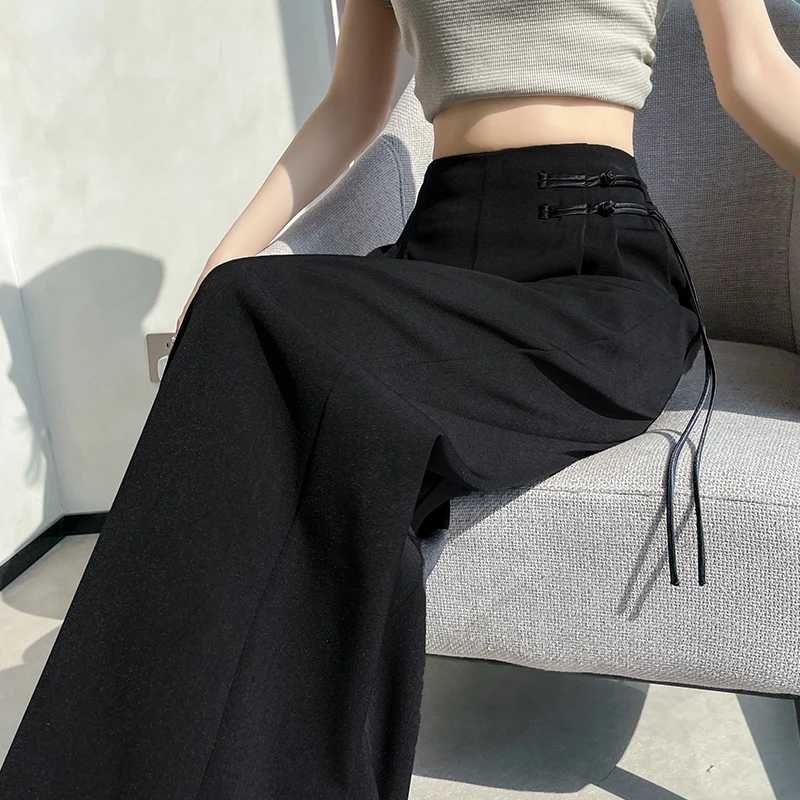国风盘扣阔腿裤女窄版搭配夏季黑色高级垂感西装裤高腰垂感直筒裤