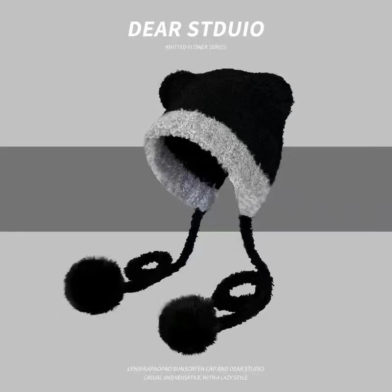 日系可爱泰迪绒小熊耳朵绑带雷锋帽子女秋冬保暖大头围护耳毛线帽