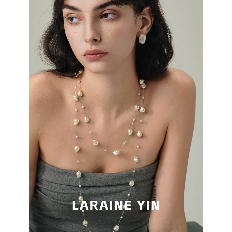 铜仿珍珠项链 人造巴洛克珍珠满天星小众高级感毛衣链叠戴颈链