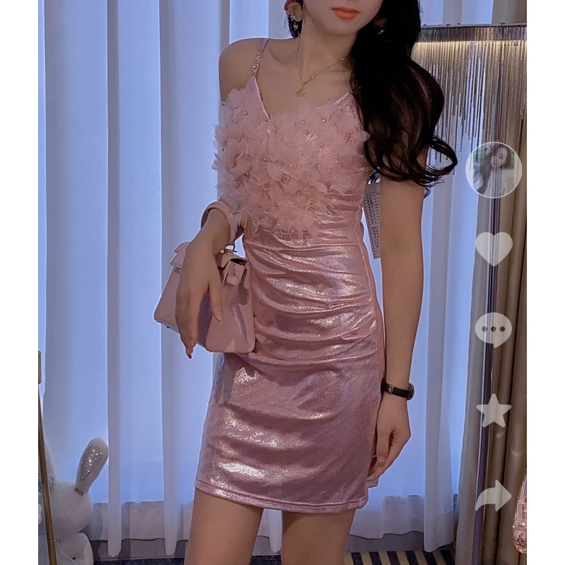 新款设计师甜美花朵定钻气质名媛连衣裙LYQ90890-2