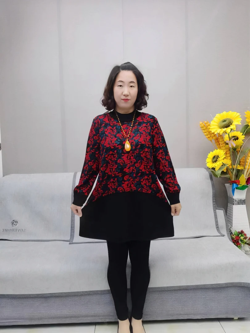 长袖时尚显瘦气质洋气秋冬百搭女士宽松拼接裙网红复古花色国风