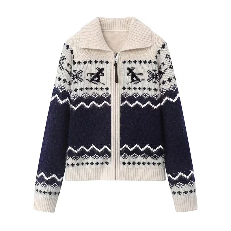 KS 6043-2024冬季新款时尚百搭提花翻领拉链针织衫女