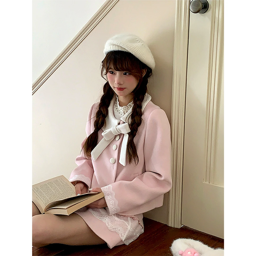 【清仓4.5折】sinsingirl 粉色蕾丝拼接毛呢套装粉色短款毛呢