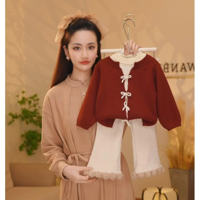 【Y.k1577】新款秋季女宝拼接蝴蝶结针织毛衣微喇百搭长裤气质套装