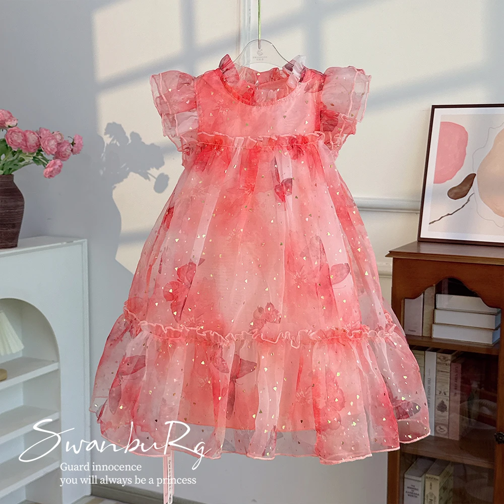 【Y.n1258】2024夏季新款女童粉色飞飞袖连衣裙女宝甜美网纱连衣裙