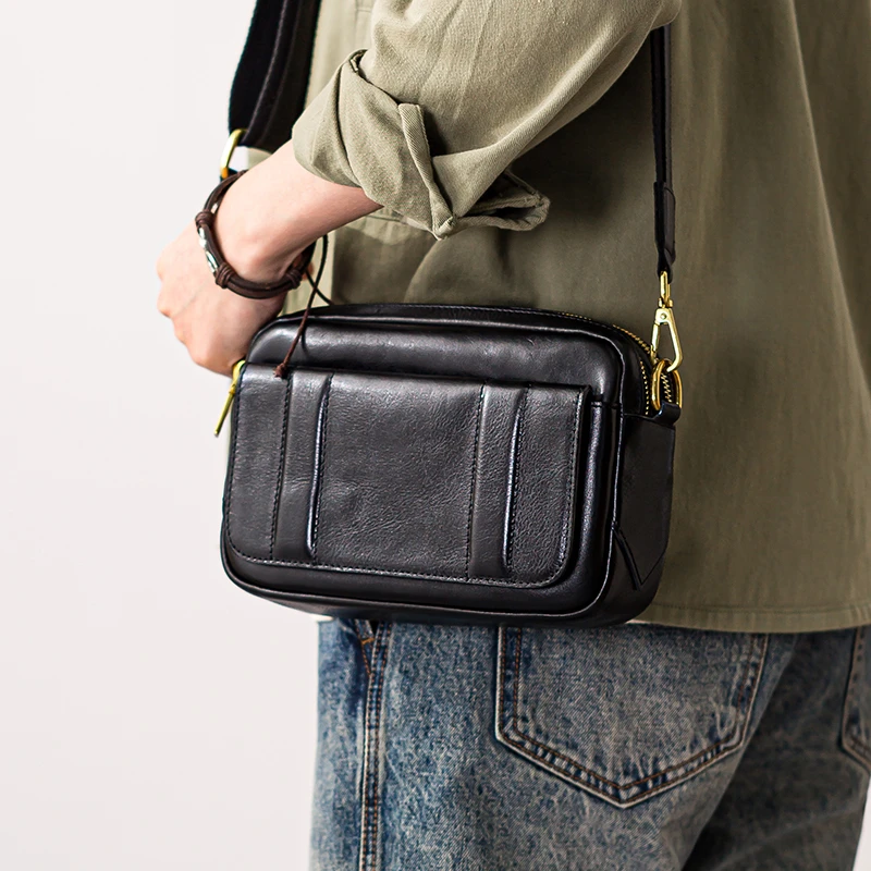 后步原创真皮男士单肩斜挎包男设计感小众植鞣牛皮休闲个性背包潮