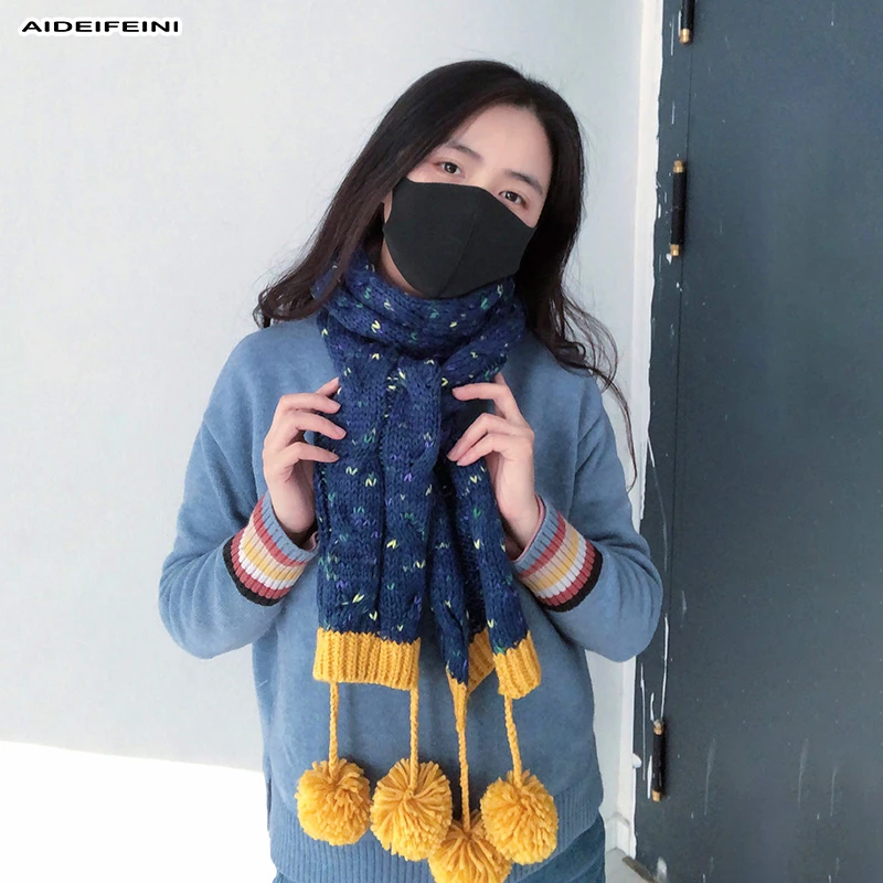 秋冬新款围巾保暖可爱毛球简约加长防寒针织围巾韩版长款女士