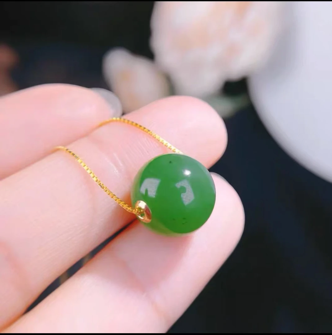 俄料碧玉圆珠路路通18K金镶天然和田玉转运珠吊坠女锁骨链（赠链）
