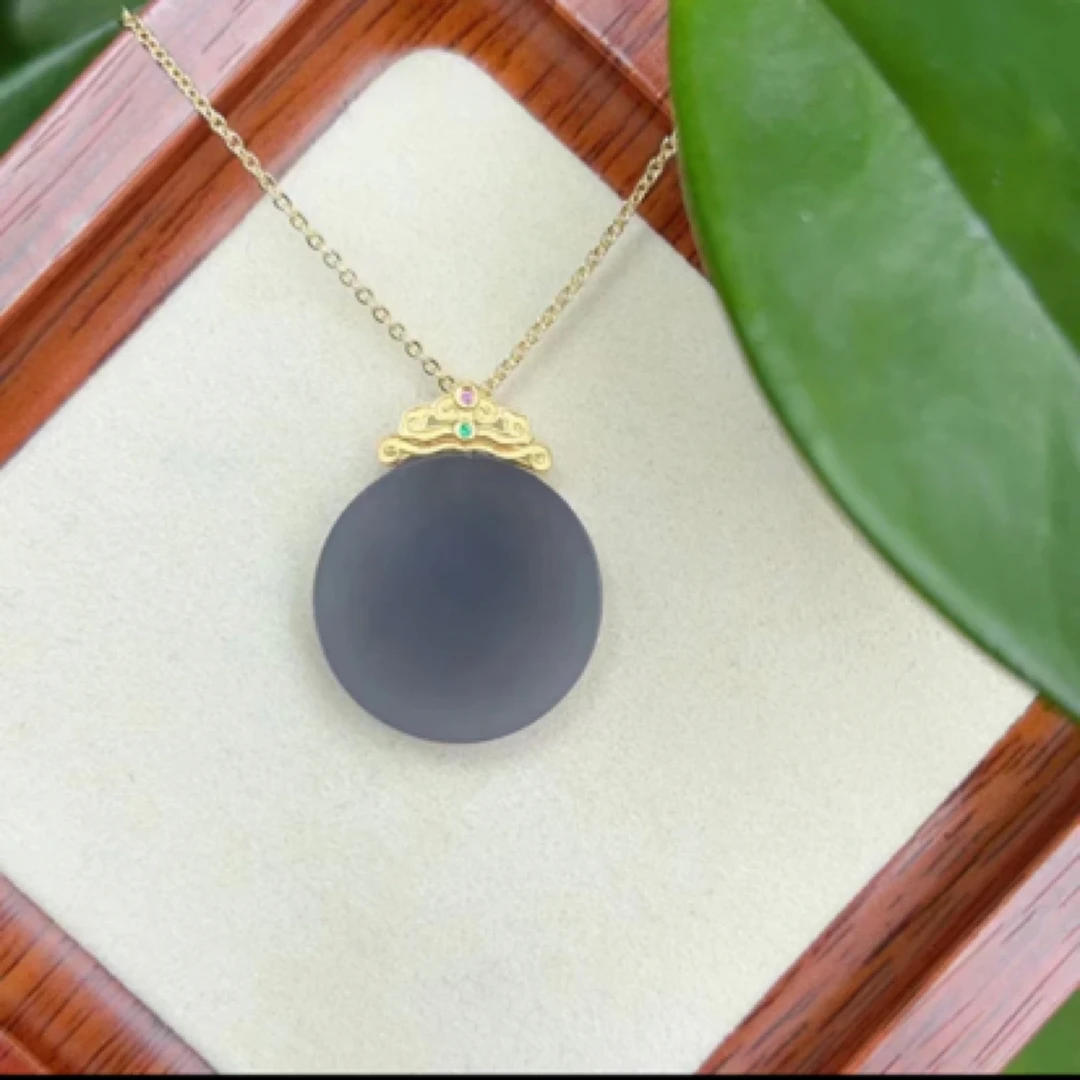 青海烟紫圆牌吊坠18K金镶嵌渐变山水圆形无事牌挂坠（多样性发其一