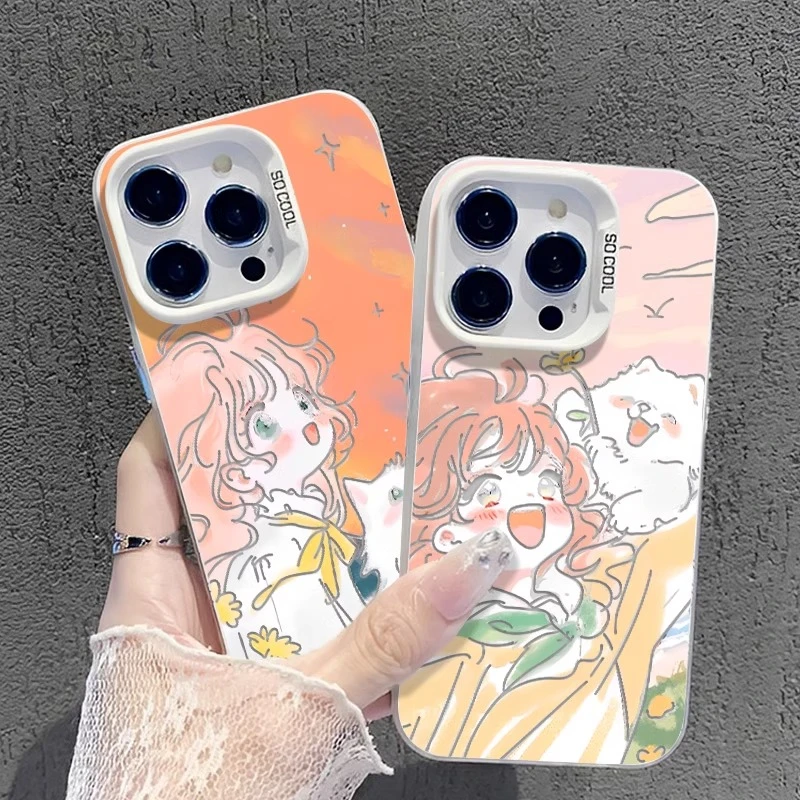 小猫女孩适用苹果16手机壳新款华为卡通vivo小众小米艺术oppo防摔