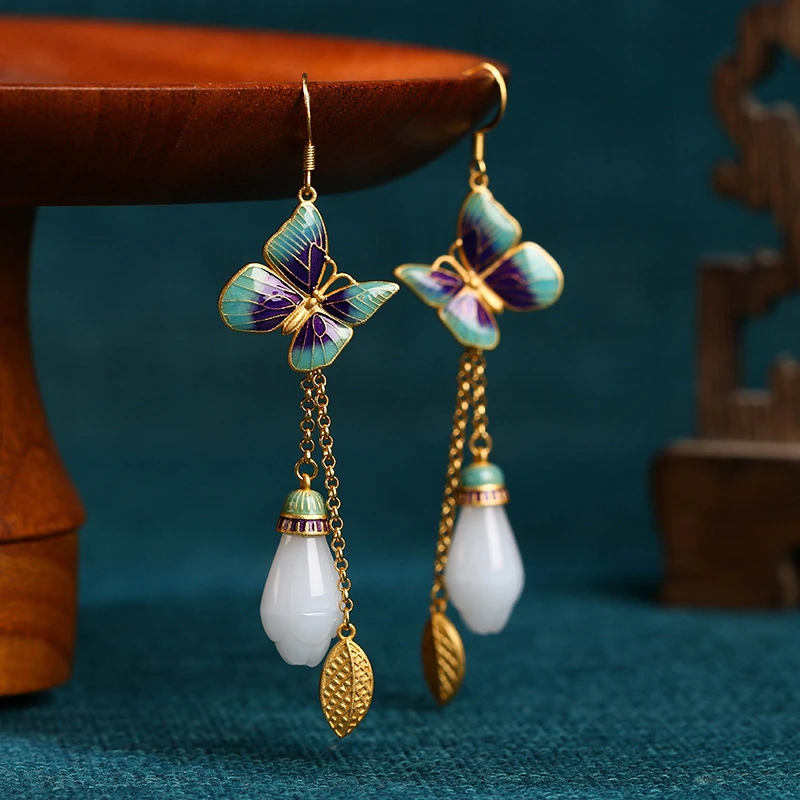 铜合金耳饰 中国风长款烧蓝耳环古典旗袍配饰复古风手作饰品首饰