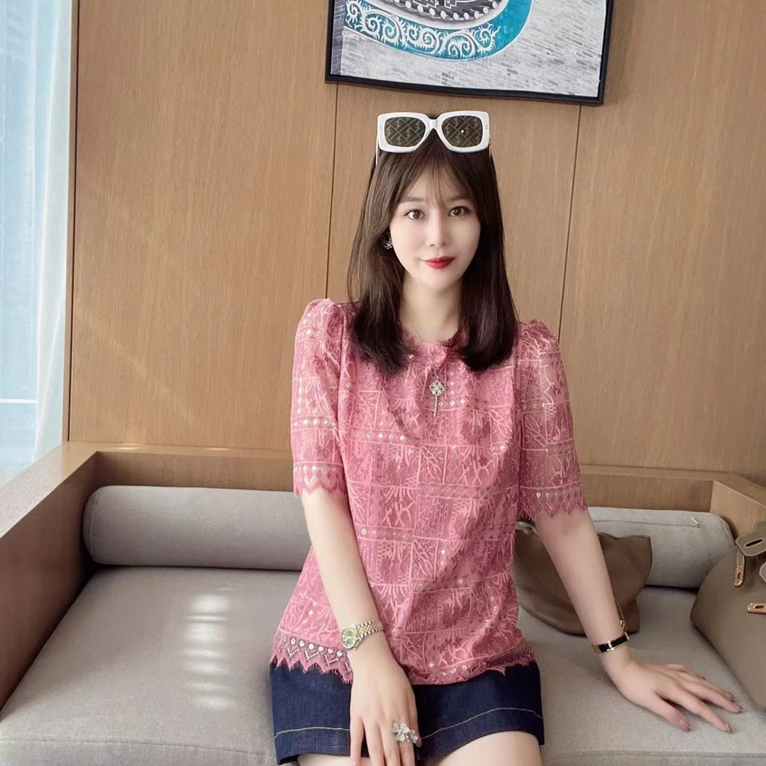 夏季新款复古甜美宫廷气质减龄蕾丝钩花镂空百搭显瘦短袖上衣