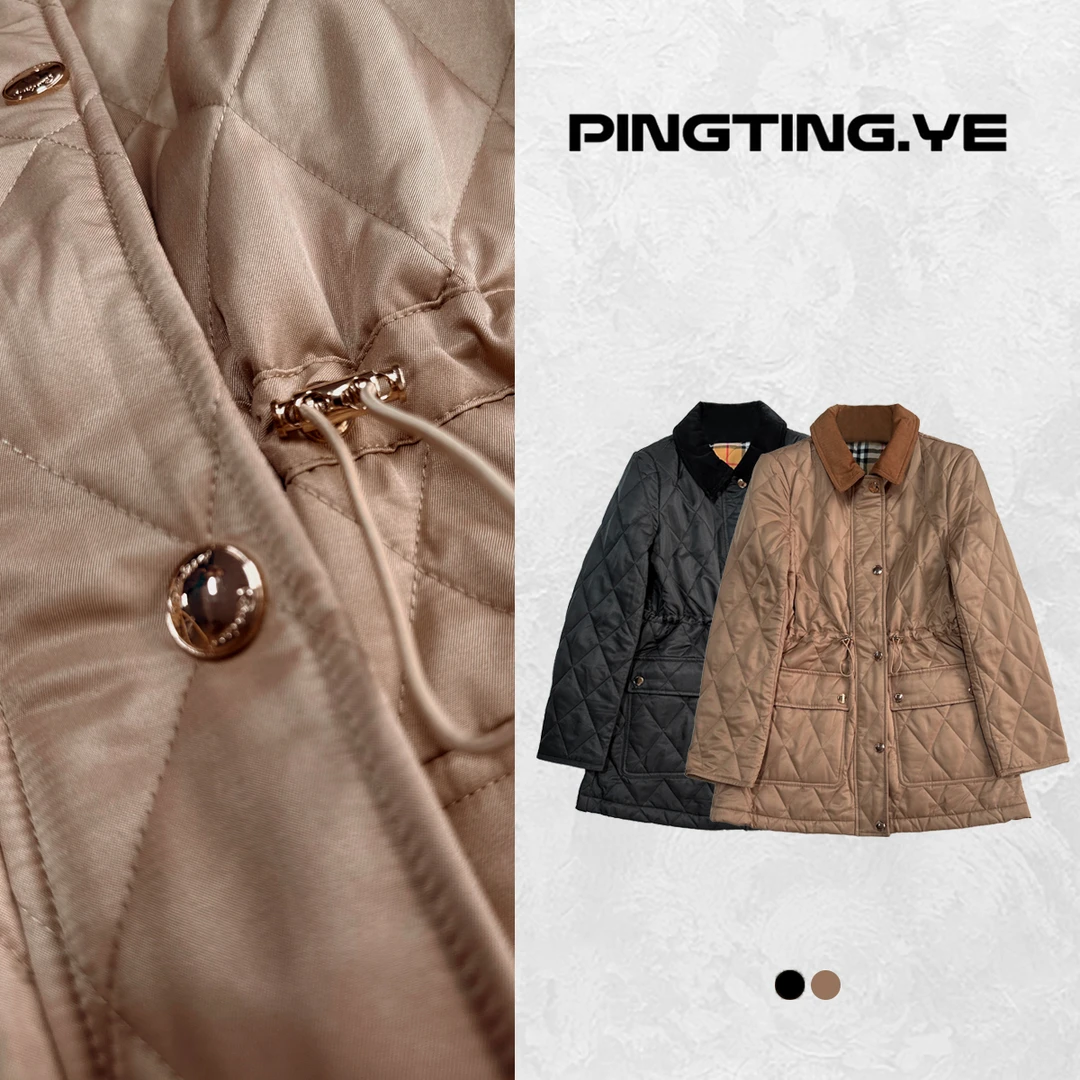 PINGTING.YE经典英伦风菱格收腰显瘦中长款棉服外套PT5071