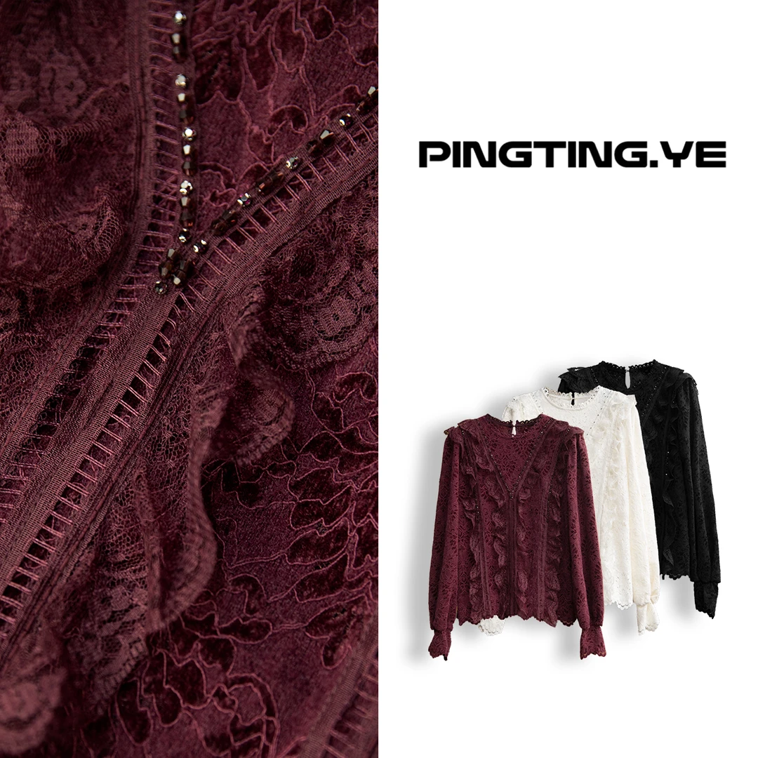 PINGTING.YE法式镂空蕾丝花边复古休闲长袖上衣PT3306