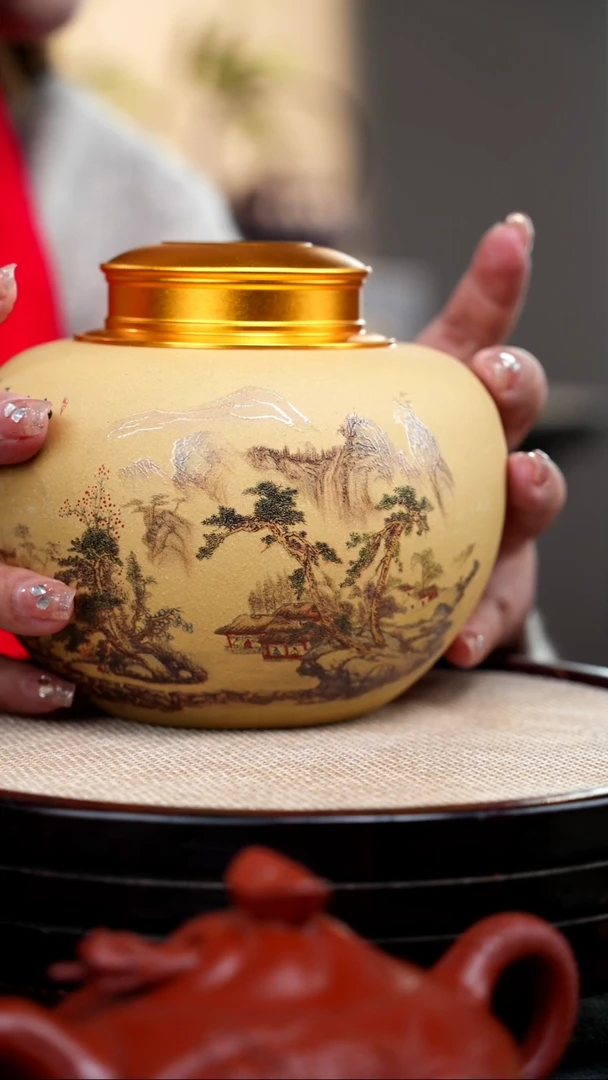 【闪购商品】紫砂茶壶黄金段山水茶叶罐