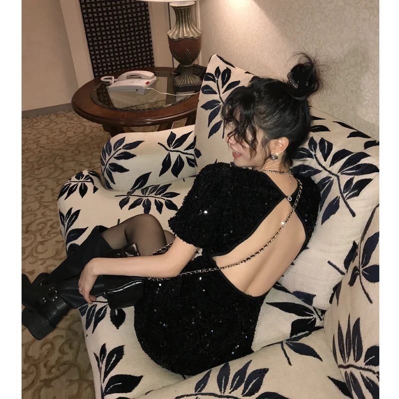 【暗夜精灵】露背亮片短袖连衣裙女春修身a字短裙3287