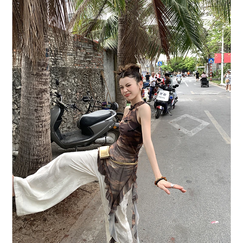 【咖妃】新中式挂脖背心女网纱不规则修身上衣3544