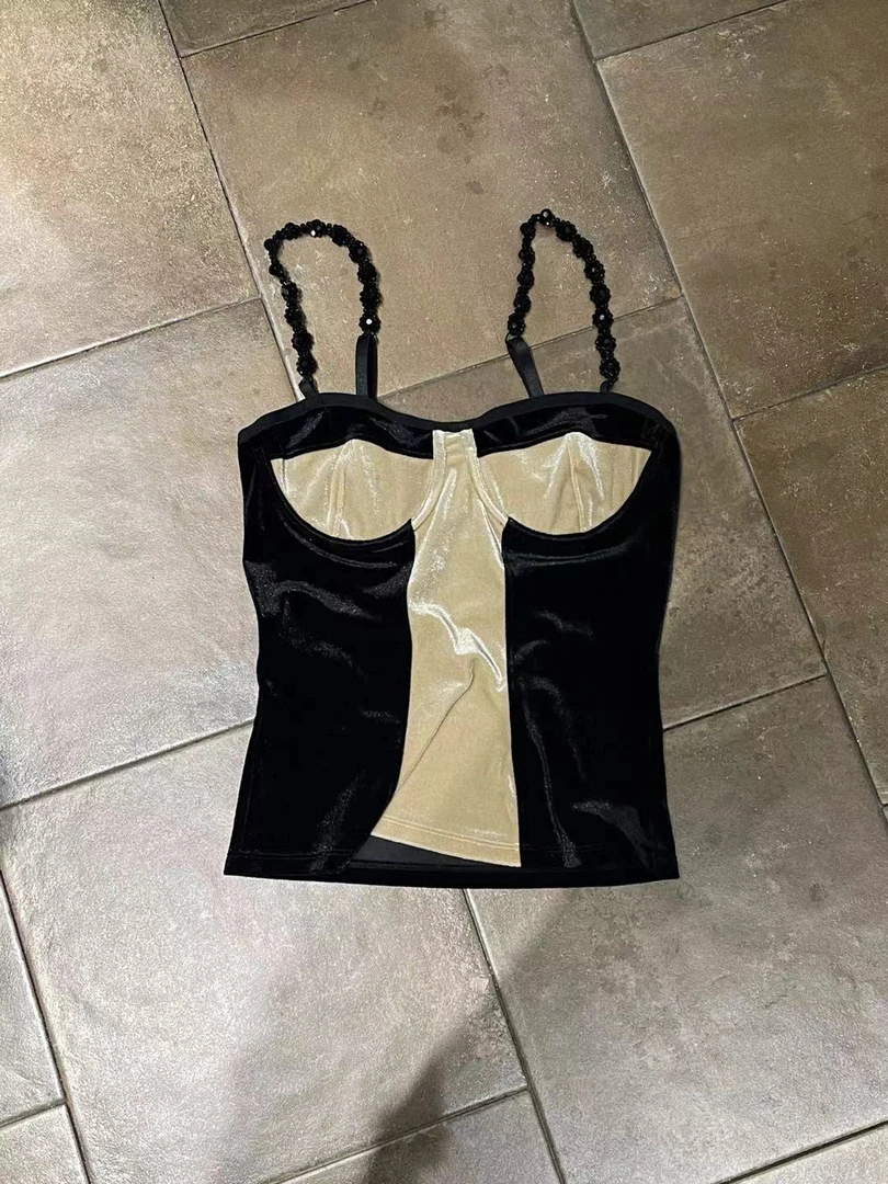 主播私服 秋冬新品小众设计师款 重工手工串珠鱼骨丝绒吊带背心