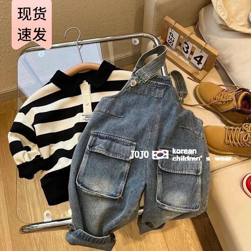 韩版童装男童女童炸街牛仔背带裤2024春装儿童时髦洋气连体裤D64