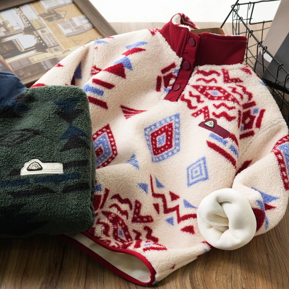 儿童冬季彩色菱形印花开领加绒卫衣中大童双面绒上衣S825