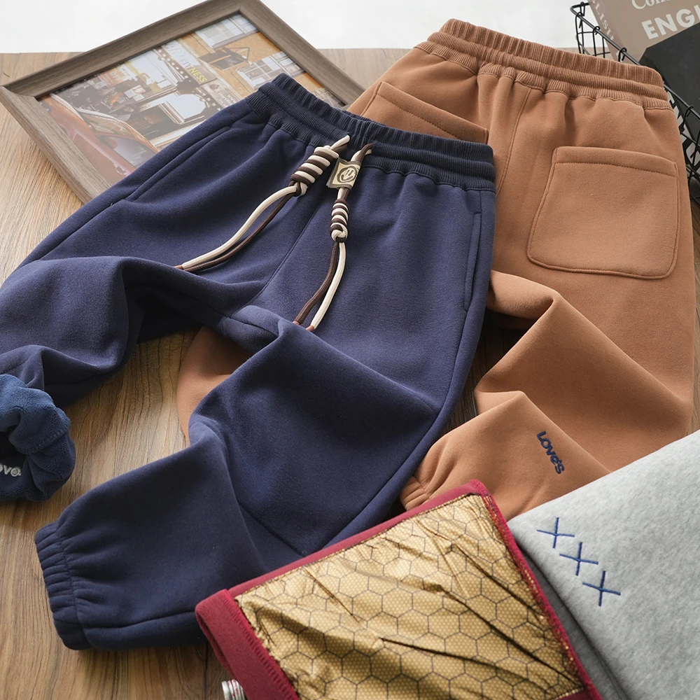 男童儿童秋冬新款抽绳刺绣黑金加绒裤子中大童休闲长裤S462