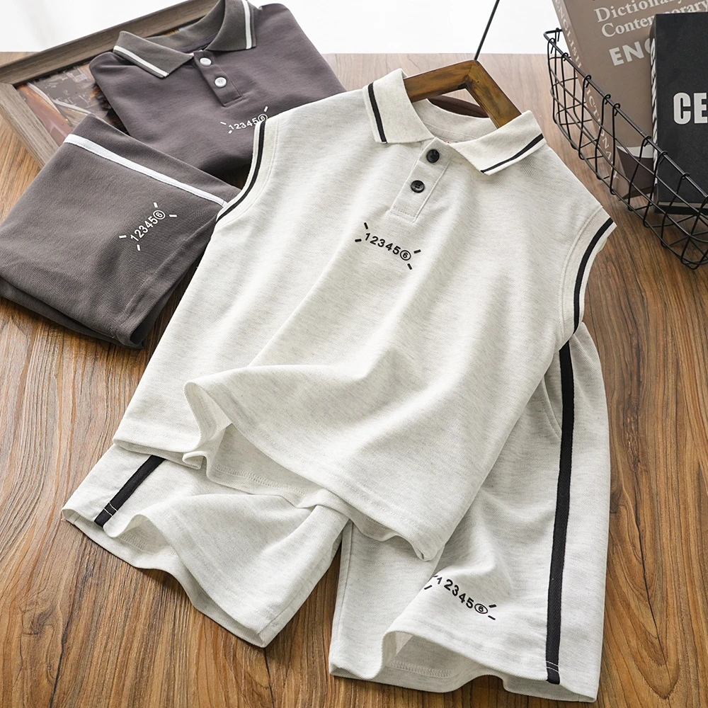 男童儿童夏季新款数字拼接翻领背心套装中大童百搭两件无袖S669