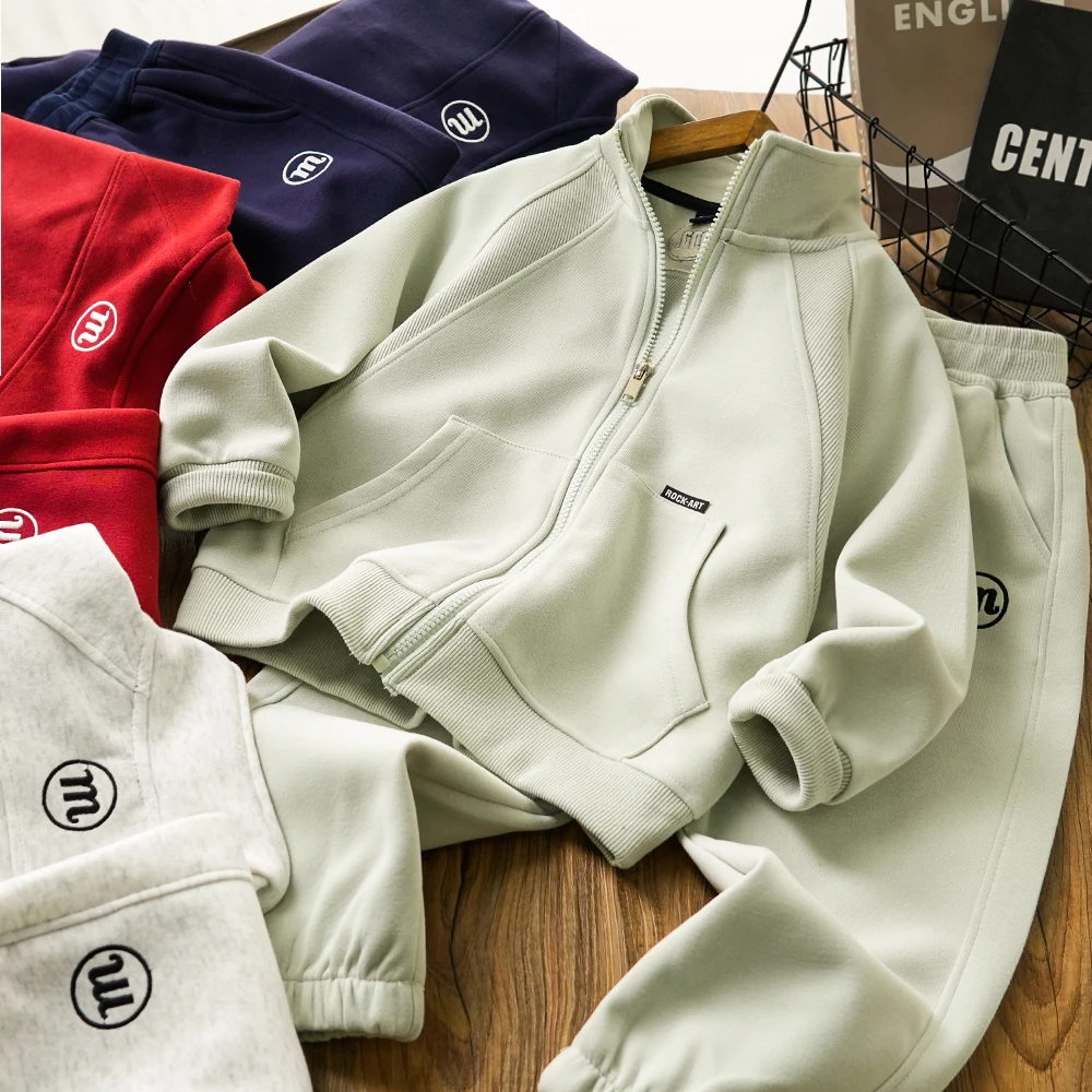 儿童男童秋季新款简约M口袋拉链套装中大童拼接两件套26131