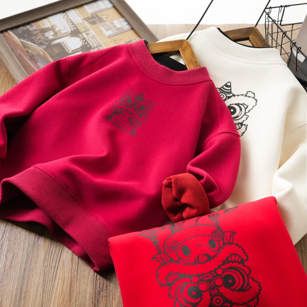 儿童冬季年款醒狮印花加绒假两件卫衣中大童男童喜庆上衣24484