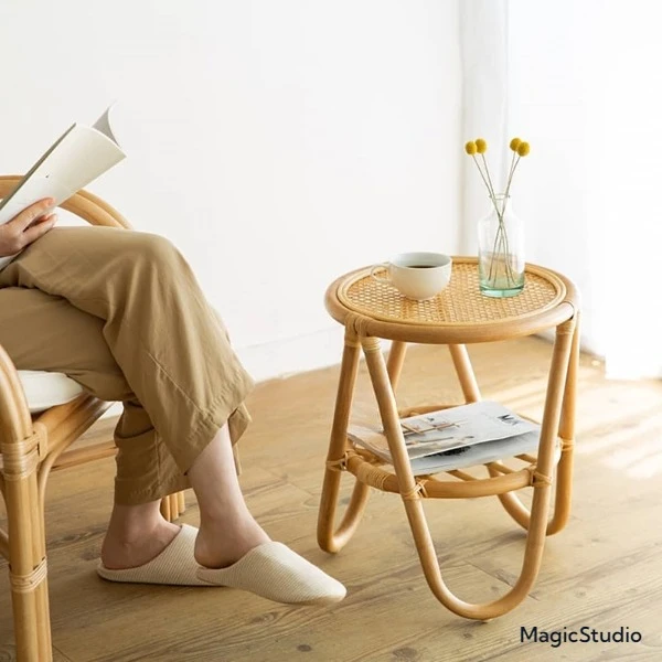 简约桌ins藤编小茶几迷你杂志几民宿客厅创意真藤角几边几小圆桌