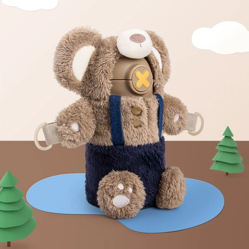 仔仔熊毛绒男女儿童学生保温杯高颜值吸管316不锈钢便携可爱水杯