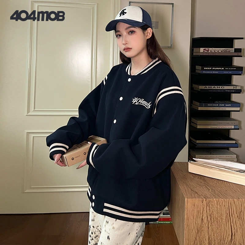 404MOB秋冬长袖运动时尚休闲宽松撞色百搭复古印花保暖棒球服