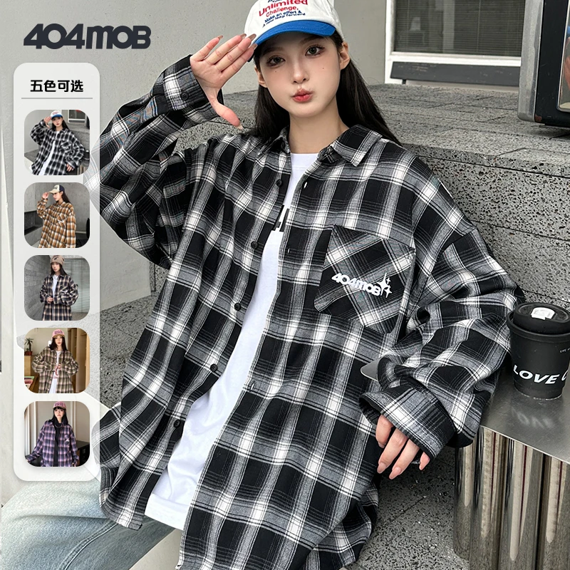 【粉丝专属福利】404MOB复古磨毛绒感刺绣长袖衬衫情侣百搭格子外套