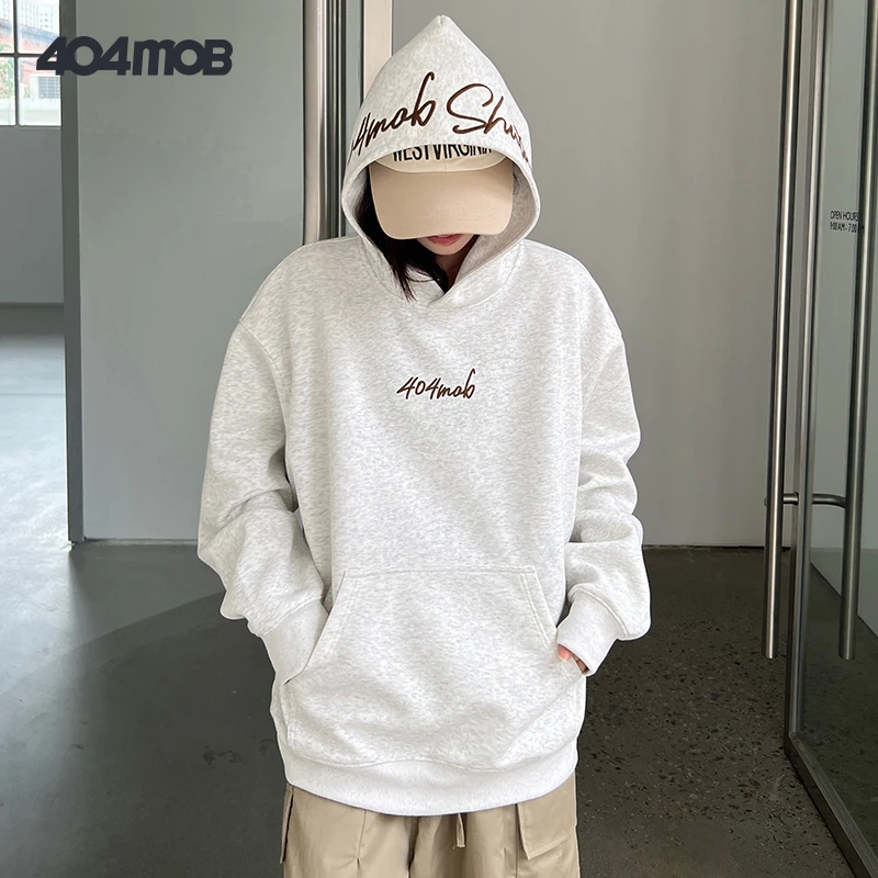 404MOB秋冬美式复古花体字母刺绣连帽卫衣男休闲潮流百搭情侣帽衫
