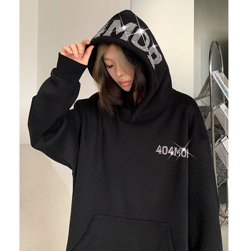 404MOB美式字母烫钻连帽卫衣男女款潮秋冬重磅简约百搭套头上衣
