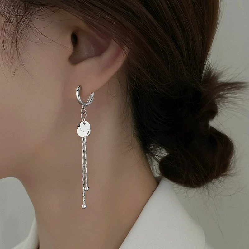 圆片流苏耳扣耳环女2024年新款潮圆脸显瘦耳坠简约气质