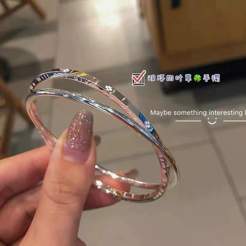 双环四叶草手镯女简约大气素圈叠戴幸运手环ins礼物女